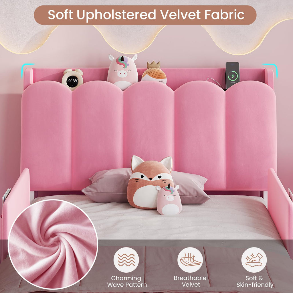 Pink Velvet Upholstered Twin Size Platform Bed with Storage Drawer Q2885