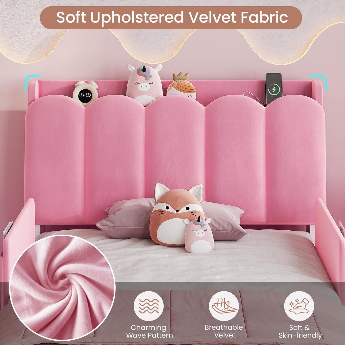 Pink Velvet Upholstered Twin Size Platform Bed with Storage Drawer Q2885