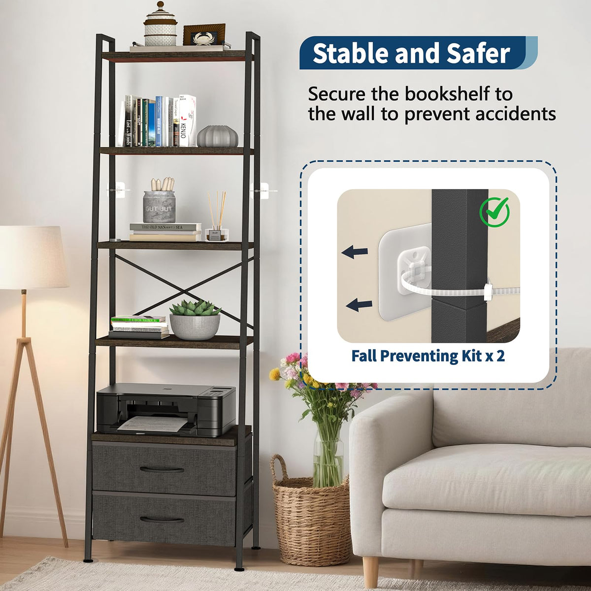 5-Tier Ladder Bookshelf with 2 Drawers Black F680195