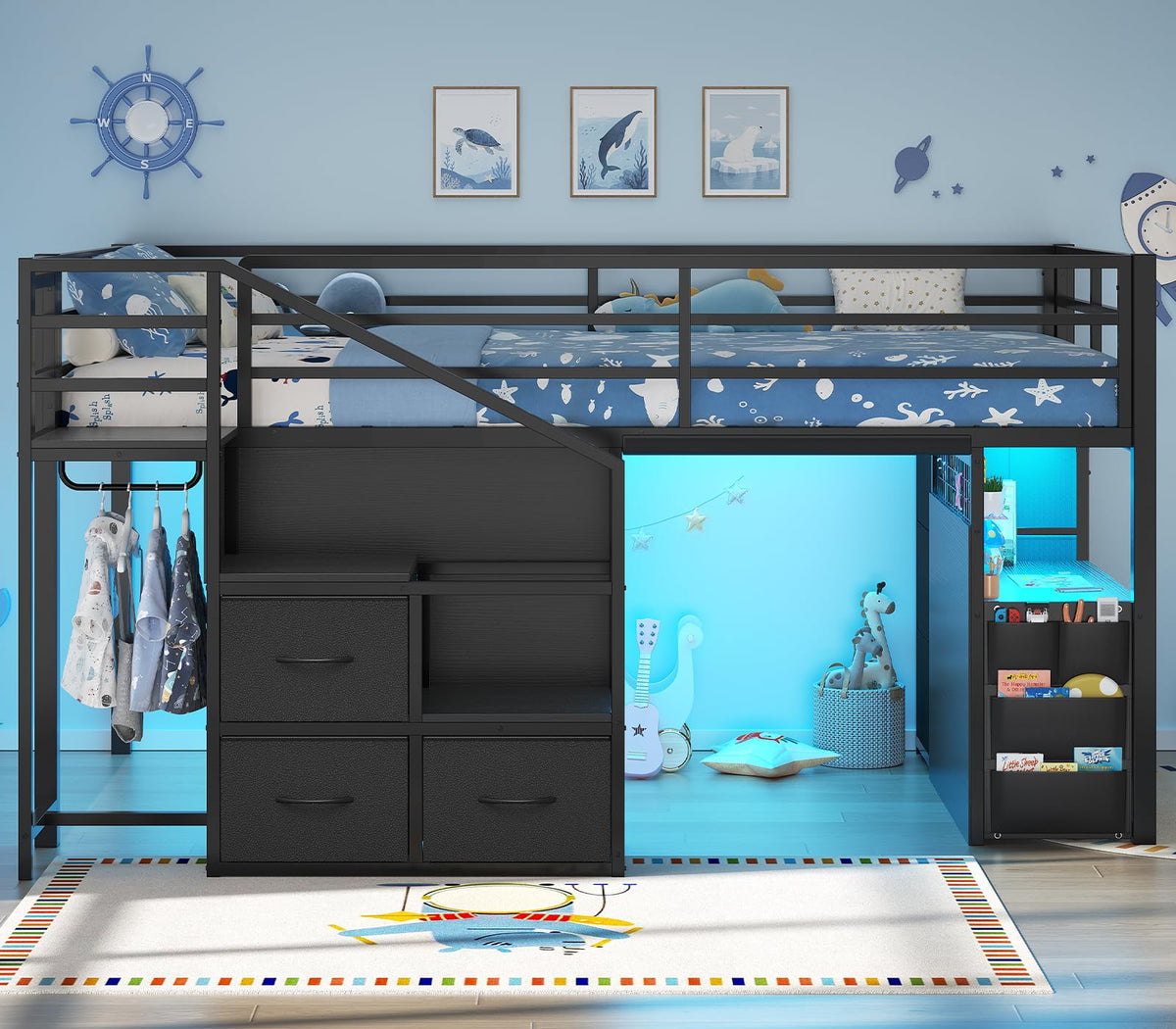 Twin Low Loft Bed with Stairs, Desk, 6 Storage Drawers, Black N558