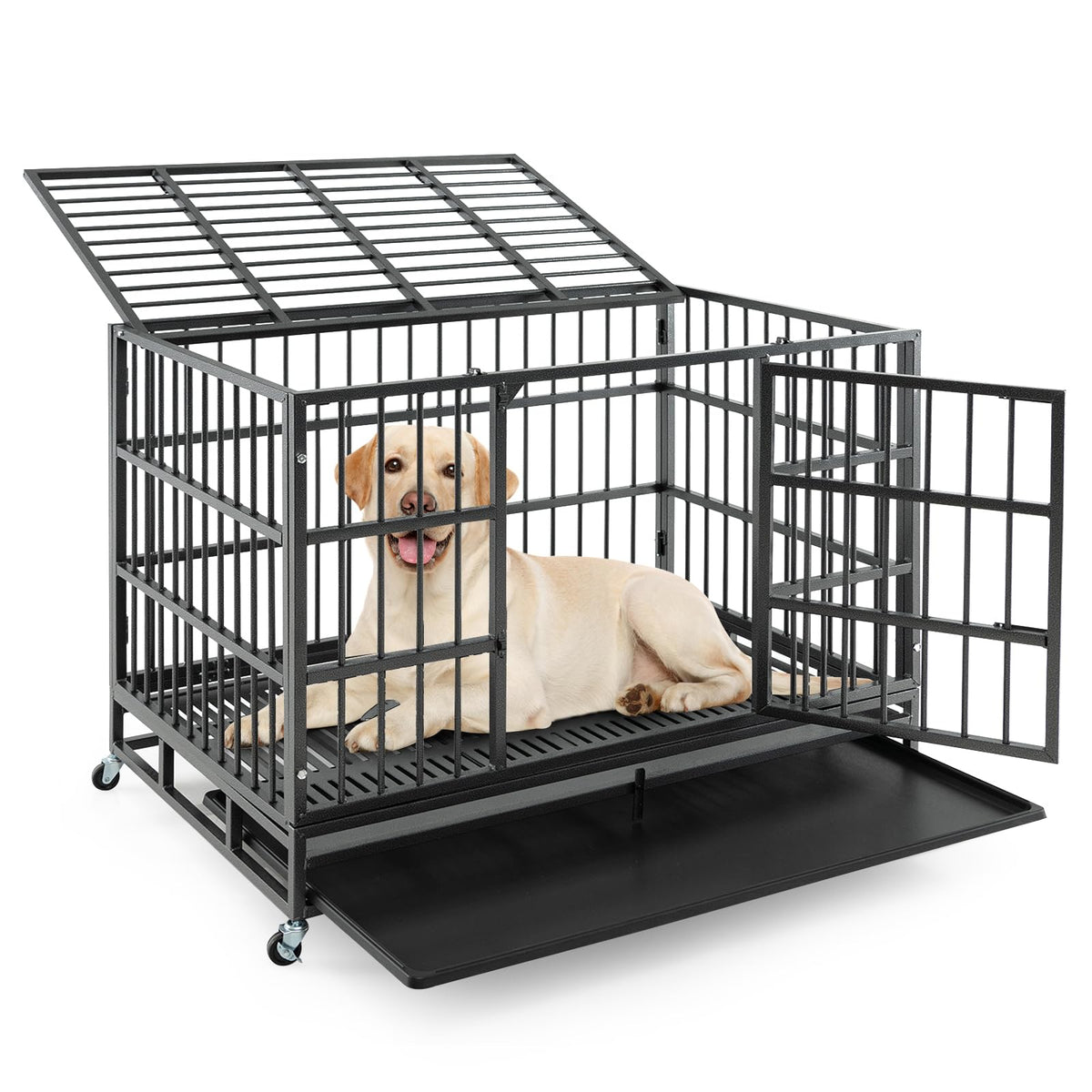 48 Inch Heavy-Duty Metal Dog Crate with Lockable Wheels A7309