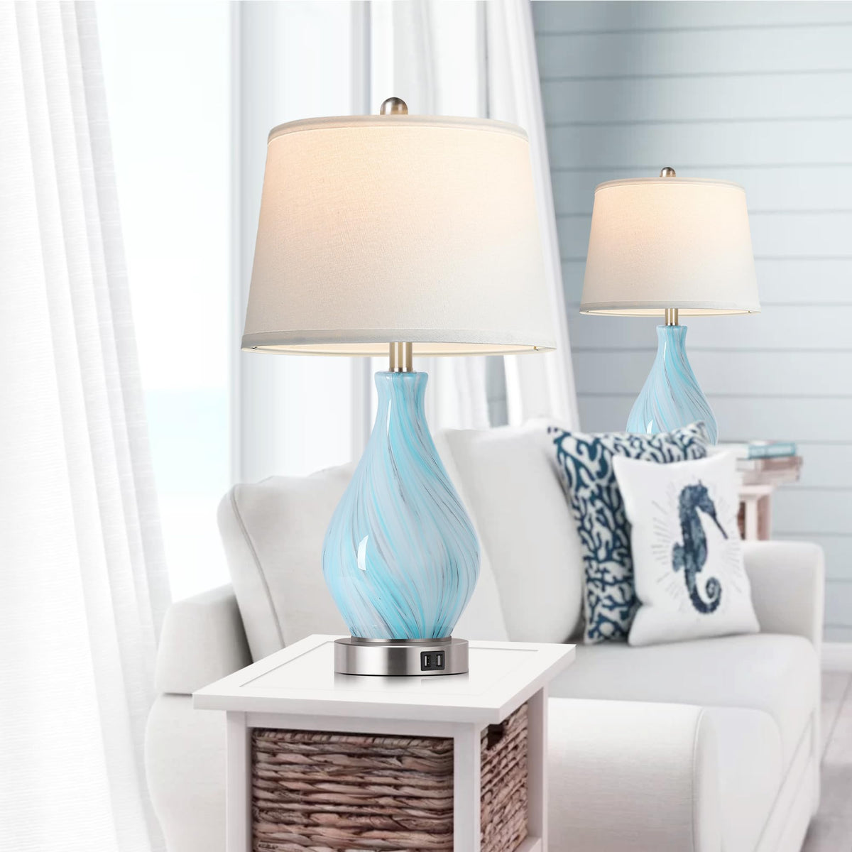 Set of 2 Touch Control Art Glass Table Lamp with USB Ports X764