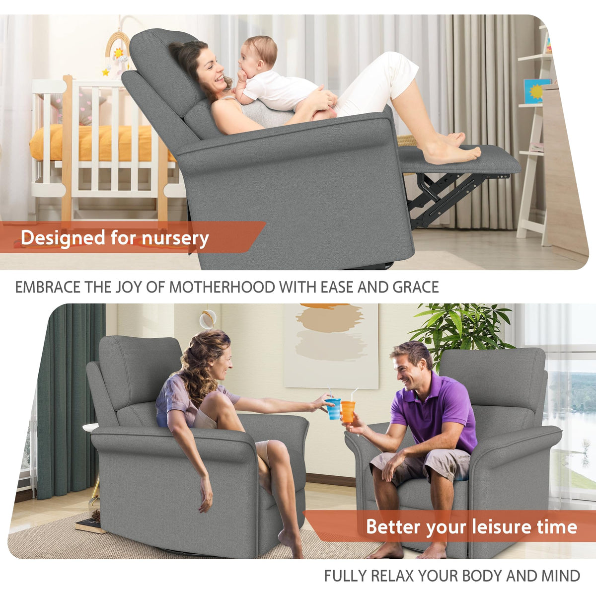 Velvet Grey Swivel Rocker Recliner Chair J458