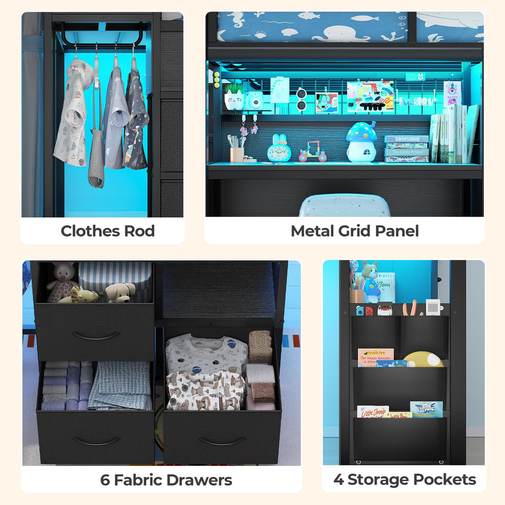 Twin Low Loft Bed with Stairs, Desk, 6 Storage Drawers, Black N558
