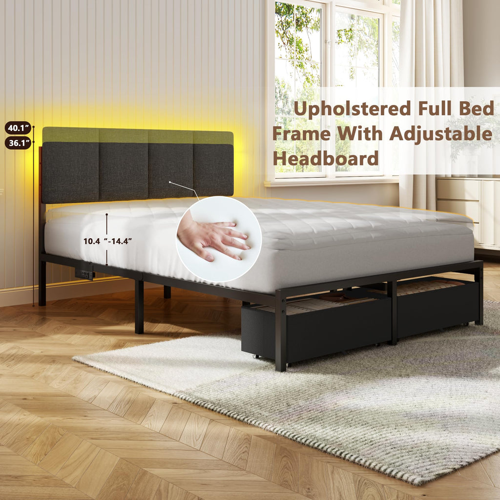 Full Size Bed Frame with Upholstered Headboard & 2 Storage Drawers Q201090