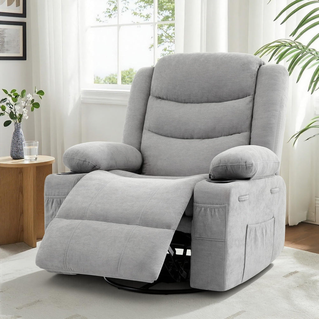 Grey Chenille Swivel Rocker Recliner Chair V1476