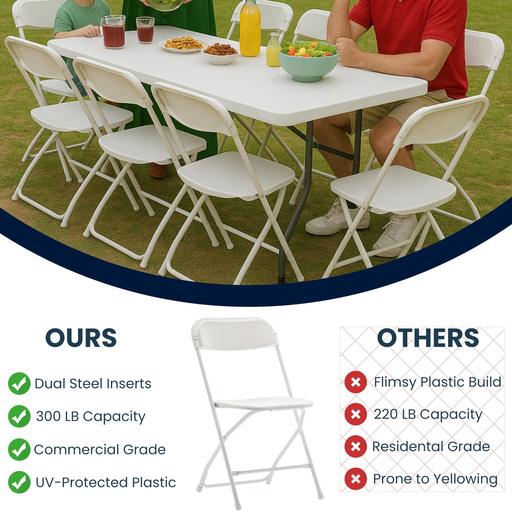 White Plastic Folding Chairs Set of 10 Steel Frame A8327