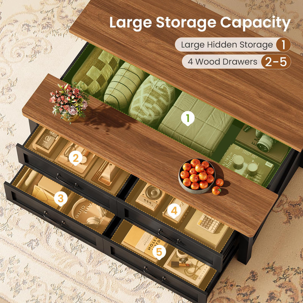 47.2" Lift Top Coffee Table with Storage, 4 Wood Drawers N86149