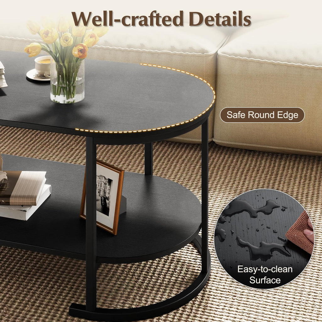 Black 2-Tier Oval Wood Coffee Table with Storage I547971