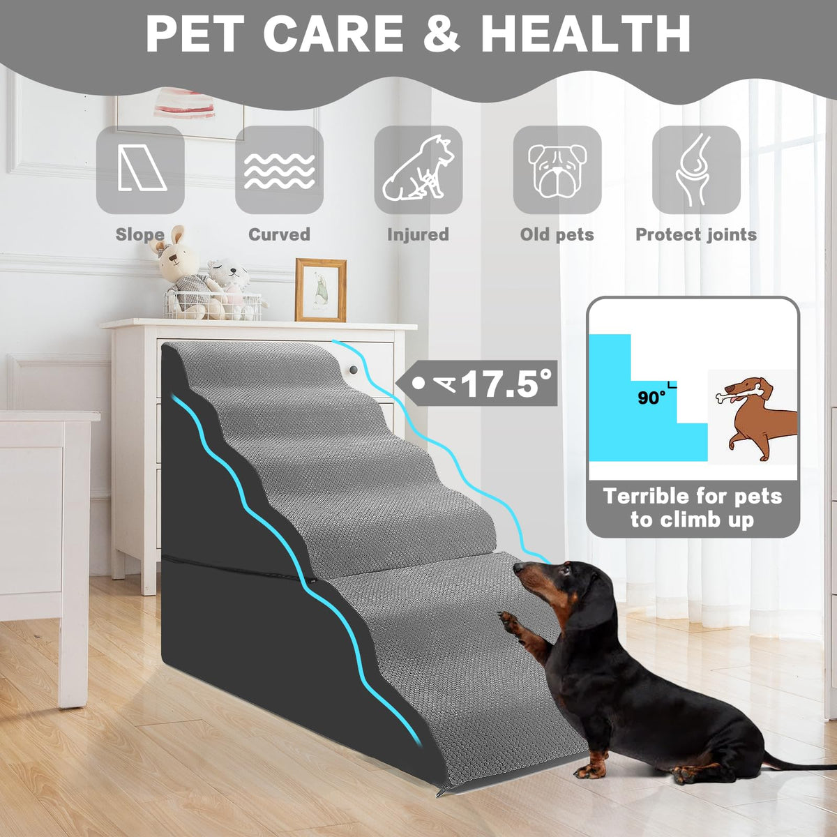 6-Step Grey Foam Dog Stairs Q373