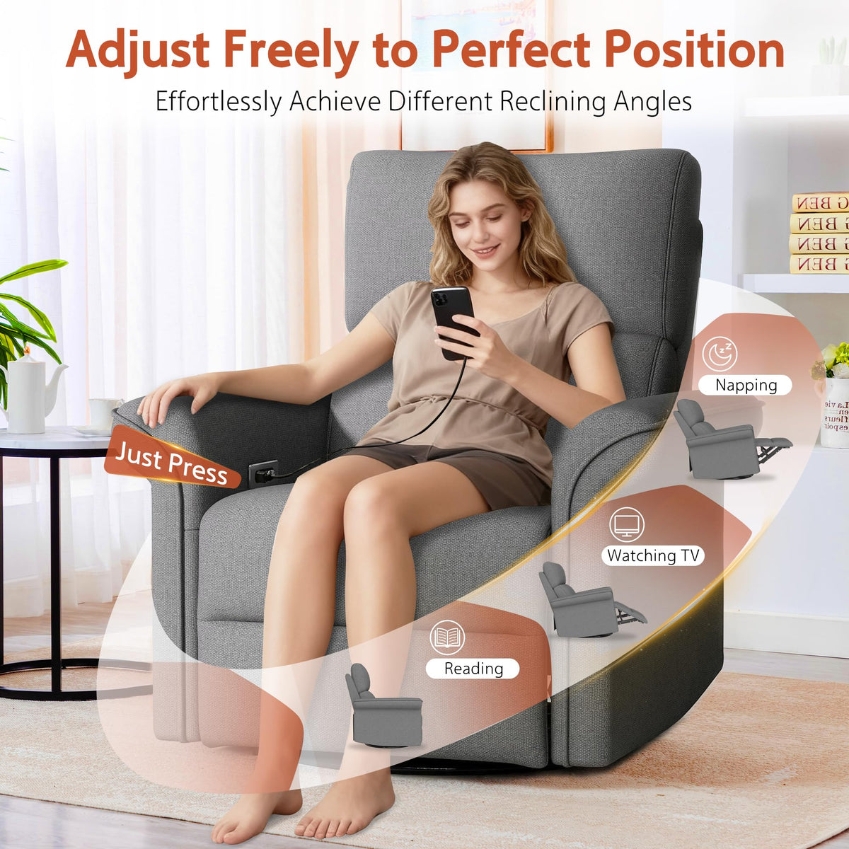 Velvet Grey Swivel Rocker Recliner Chair J458
