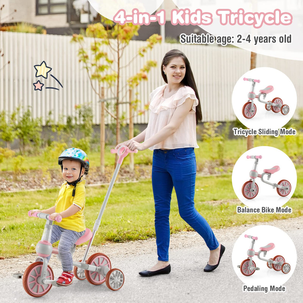 4 in 1 Tricycle with Adjustable Seat & Push Handle, Removable Pedals & Training Wheels, Pink E540