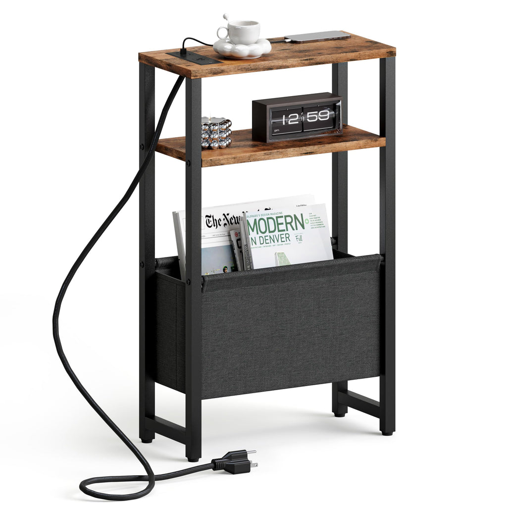 Narrow 3 Tier Side Table with Charging Station and Magazine Rack Q41564