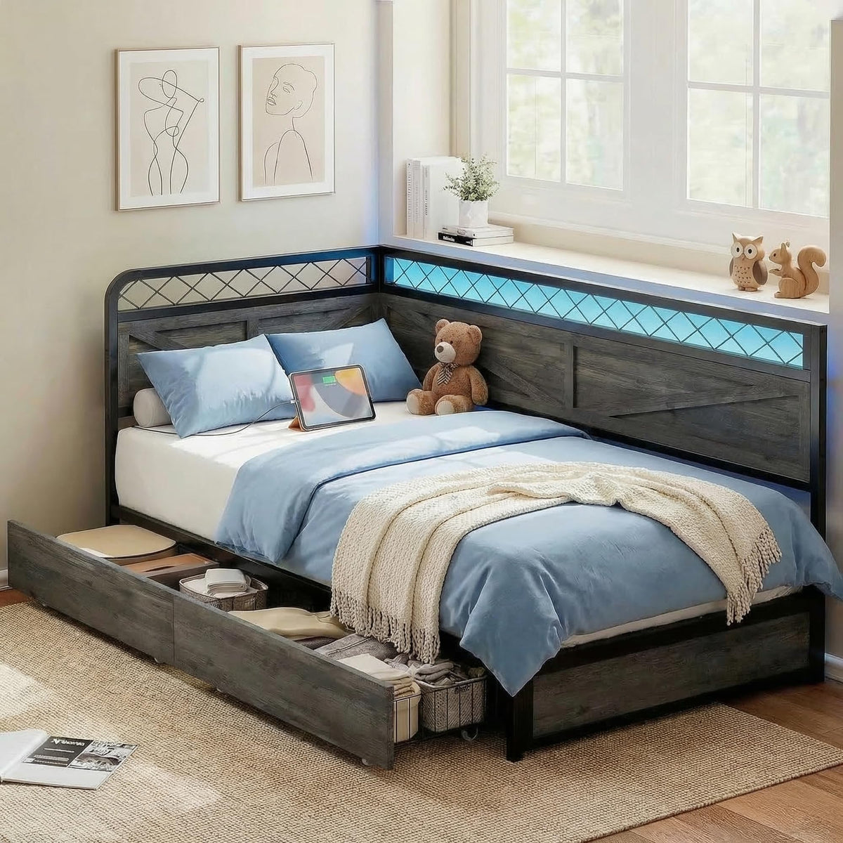 Twin Corner Bed Frame with Storage Drawers Y35728