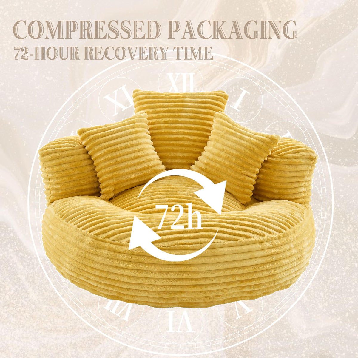 Yellow Corduroy Bean Bag Sofa with 3 Pillows V346842