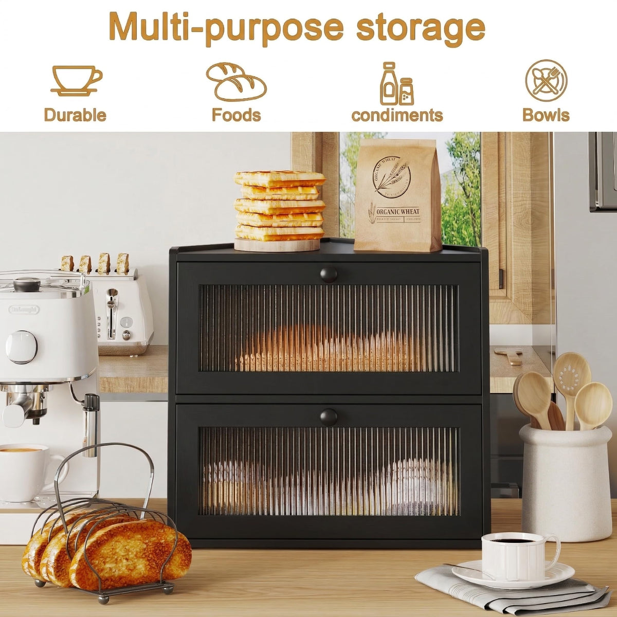 Double Layer Bamboo Bread Box with Wavy Windows C279407