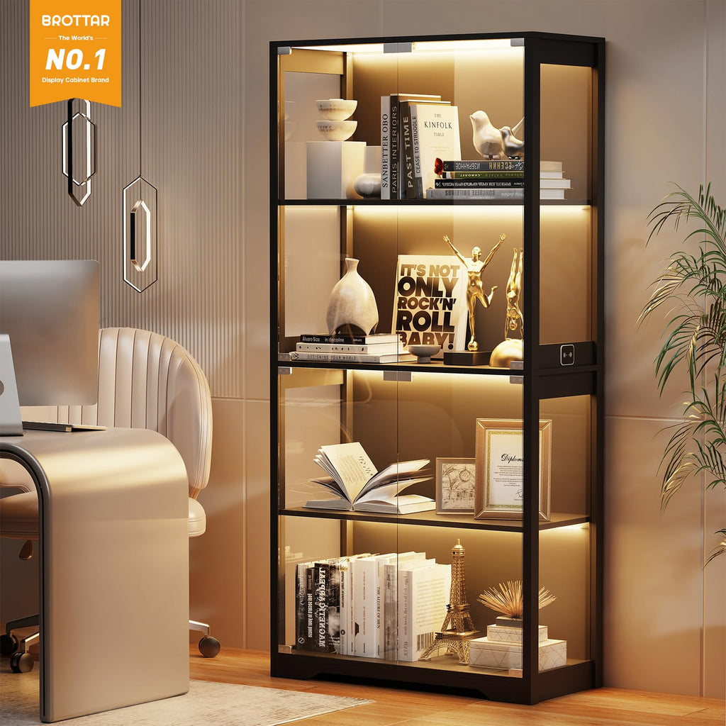 Black 4-Tier Display Cabinet with Glass Doors S9271