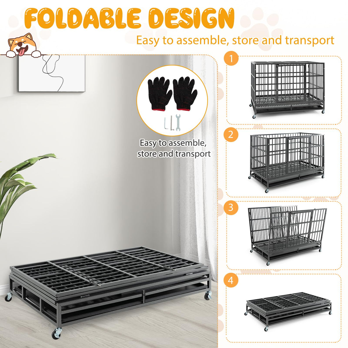 48 Inch Heavy-Duty Metal Dog Crate with Lockable Wheels A7309