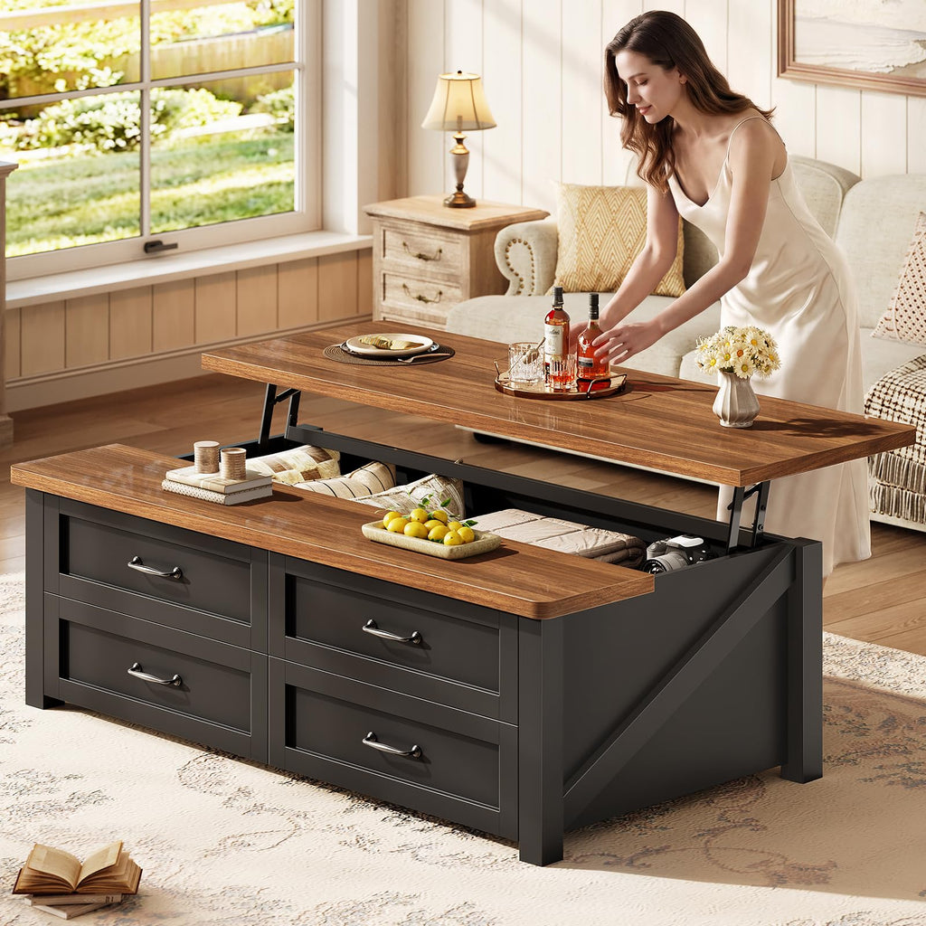 47.2" Lift Top Coffee Table with Storage, 4 Wood Drawers N86149