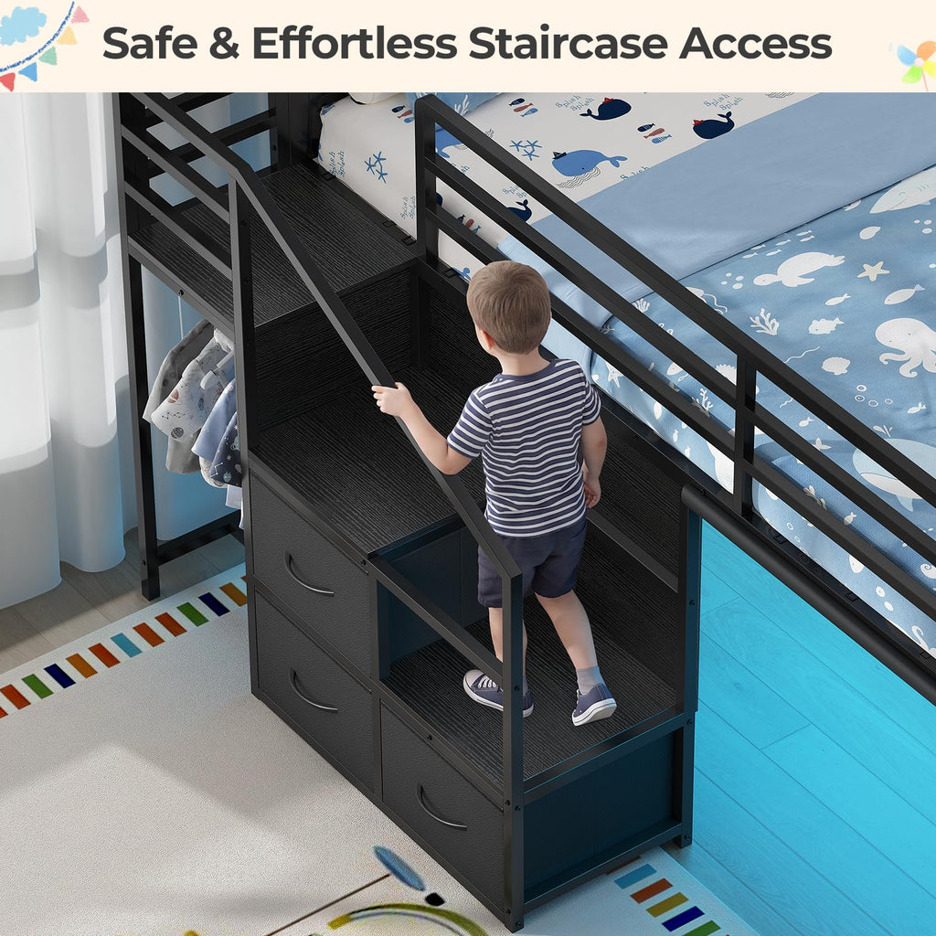 Twin Low Loft Bed with Stairs, Desk, 6 Storage Drawers, Black N558