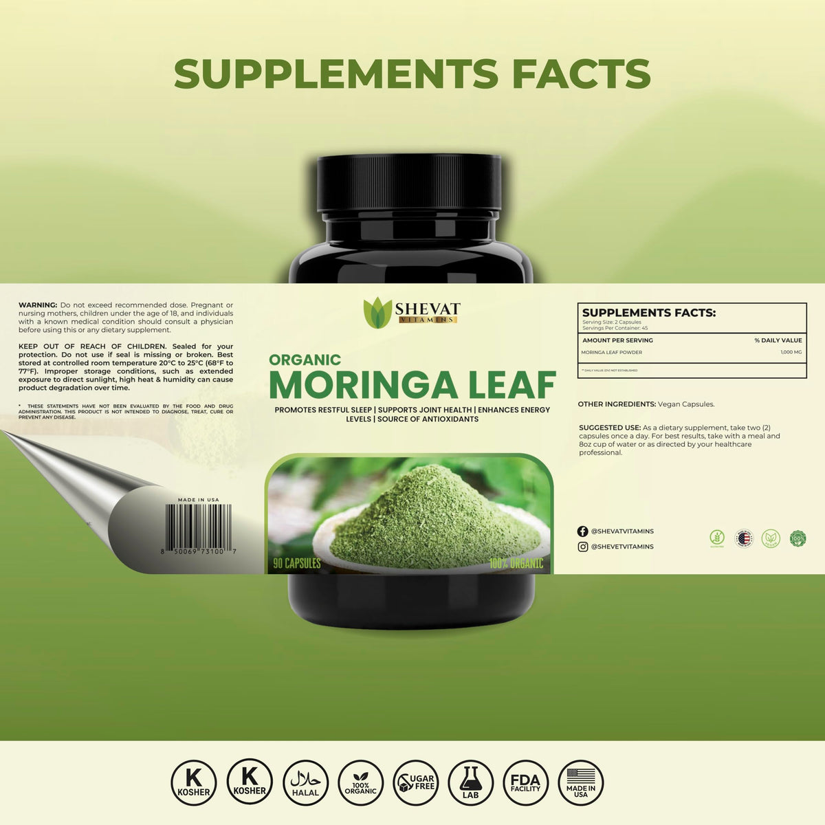 Organic Moringa Leaf Capsules 1000mg 90 Capsules N992