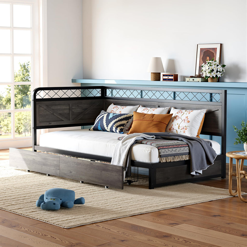 Twin Corner Bed Frame with Storage Drawers Y35728