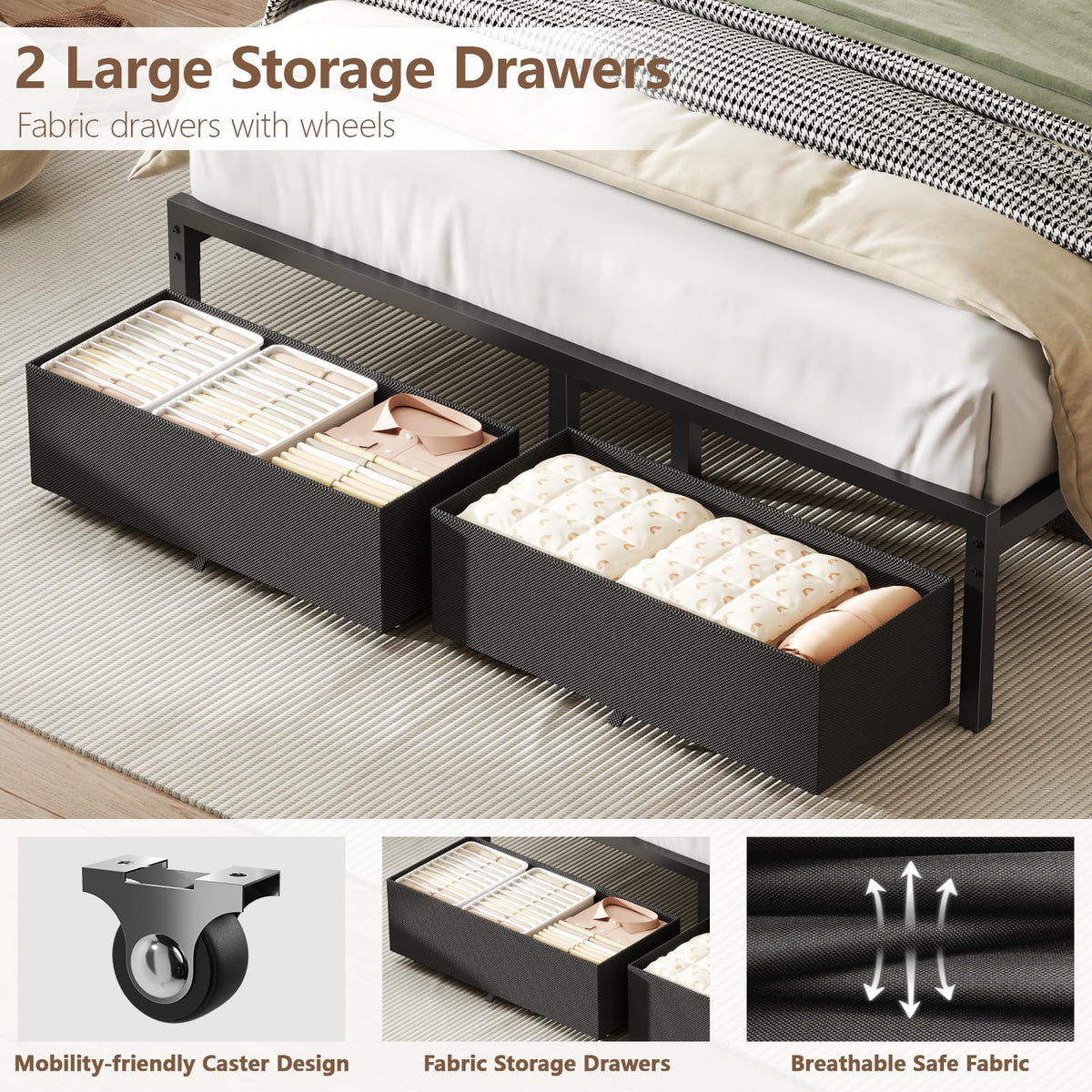 Full Size Bed Frame with Upholstered Headboard & 2 Storage Drawers Q201090