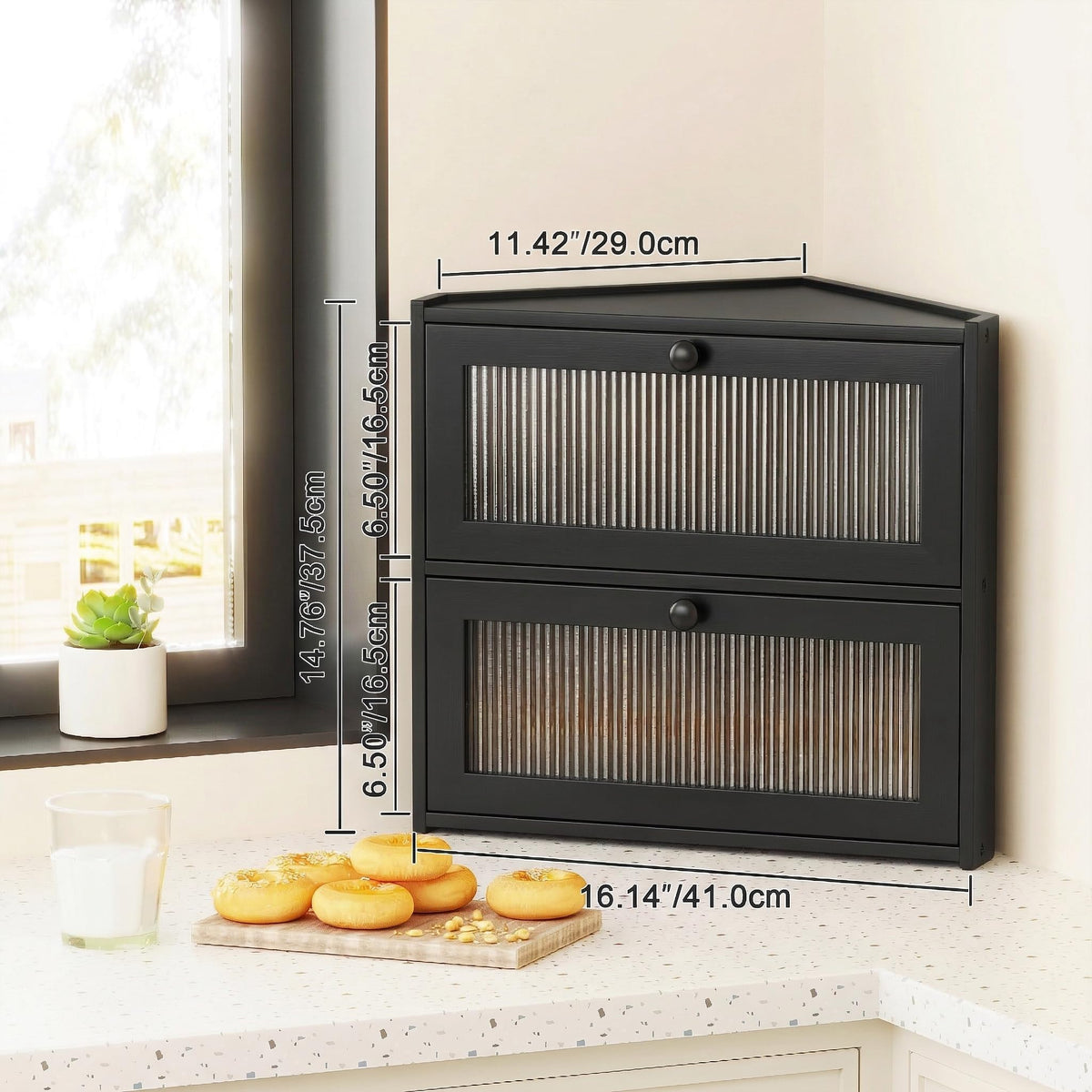 Double Layer Bamboo Bread Box with Wavy Windows C279407