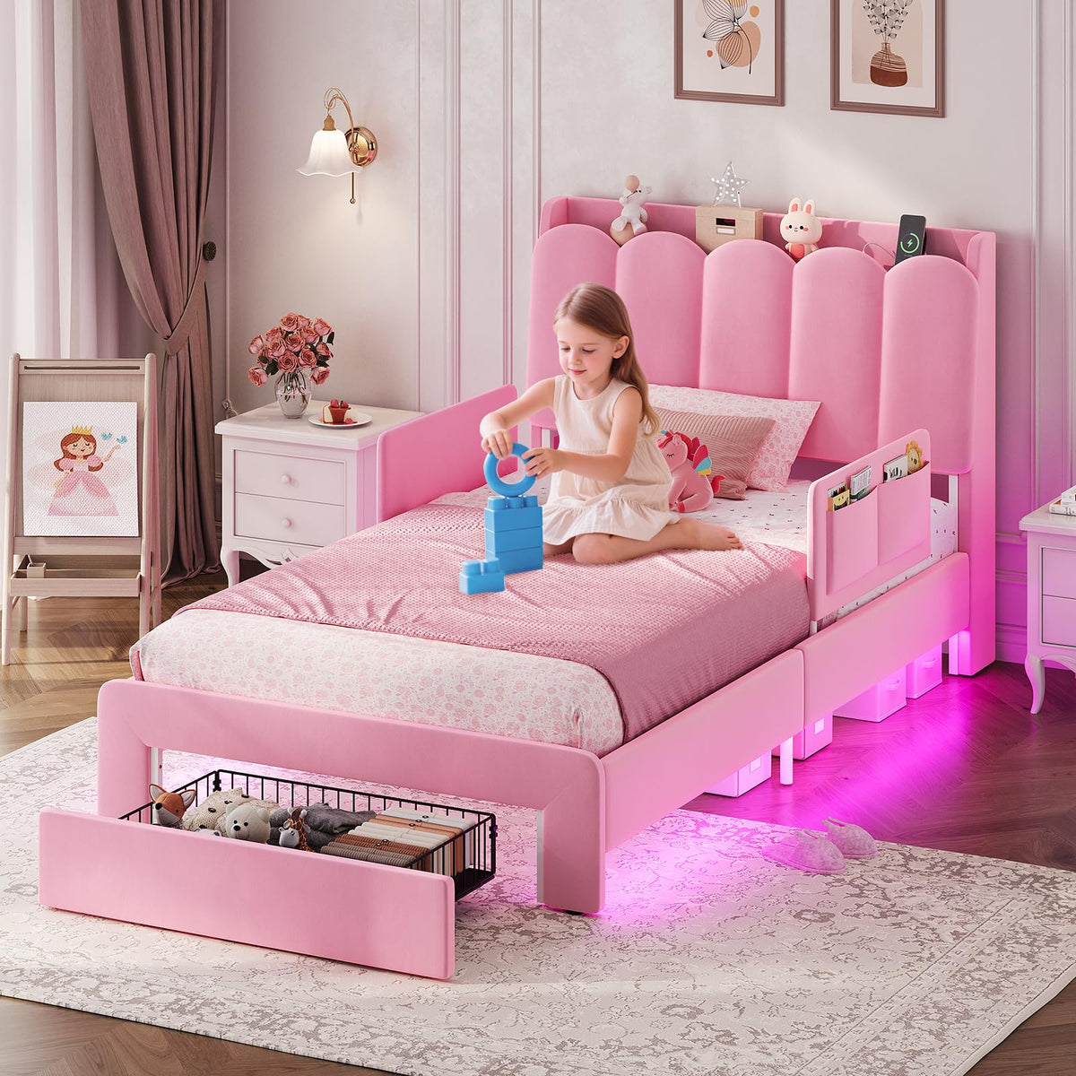 Pink Velvet Upholstered Twin Size Platform Bed with Storage Drawer Q2885