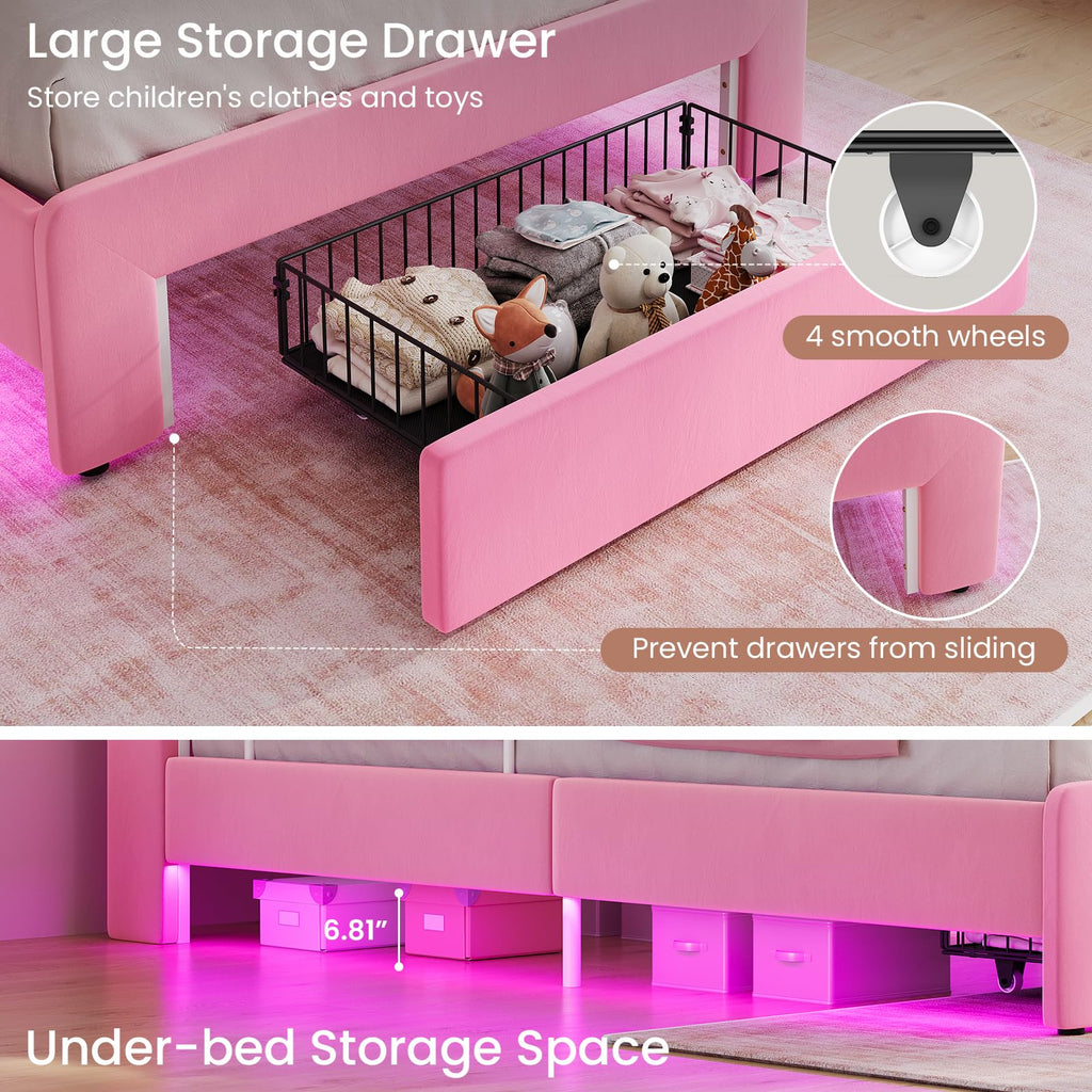 Pink Velvet Upholstered Twin Size Platform Bed with Storage Drawer Q2885