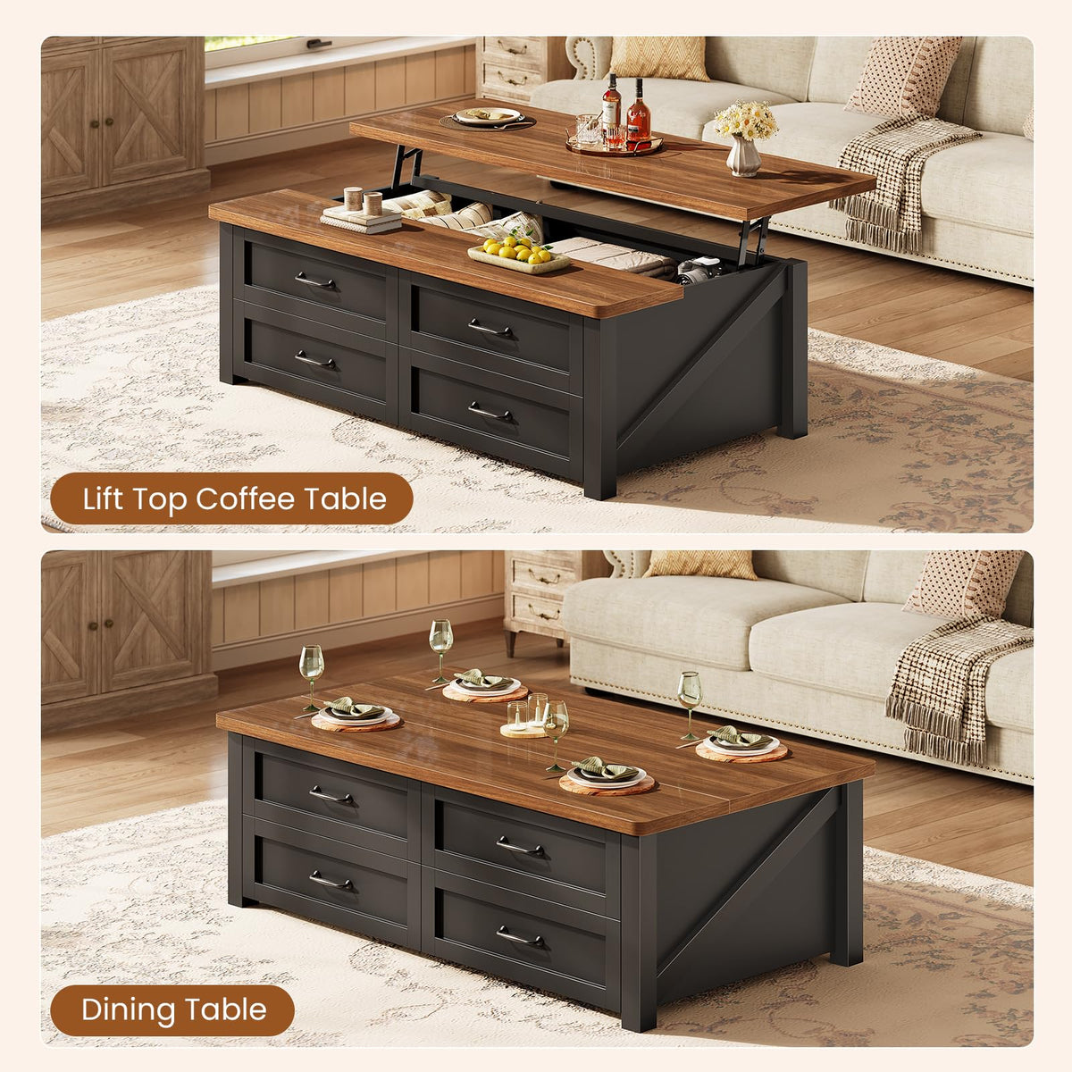 47.2" Lift Top Coffee Table with Storage, 4 Wood Drawers N86149