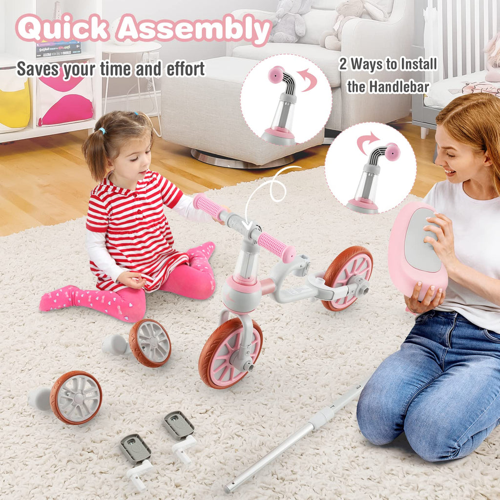 4 in 1 Tricycle with Adjustable Seat & Push Handle, Removable Pedals & Training Wheels, Pink E540