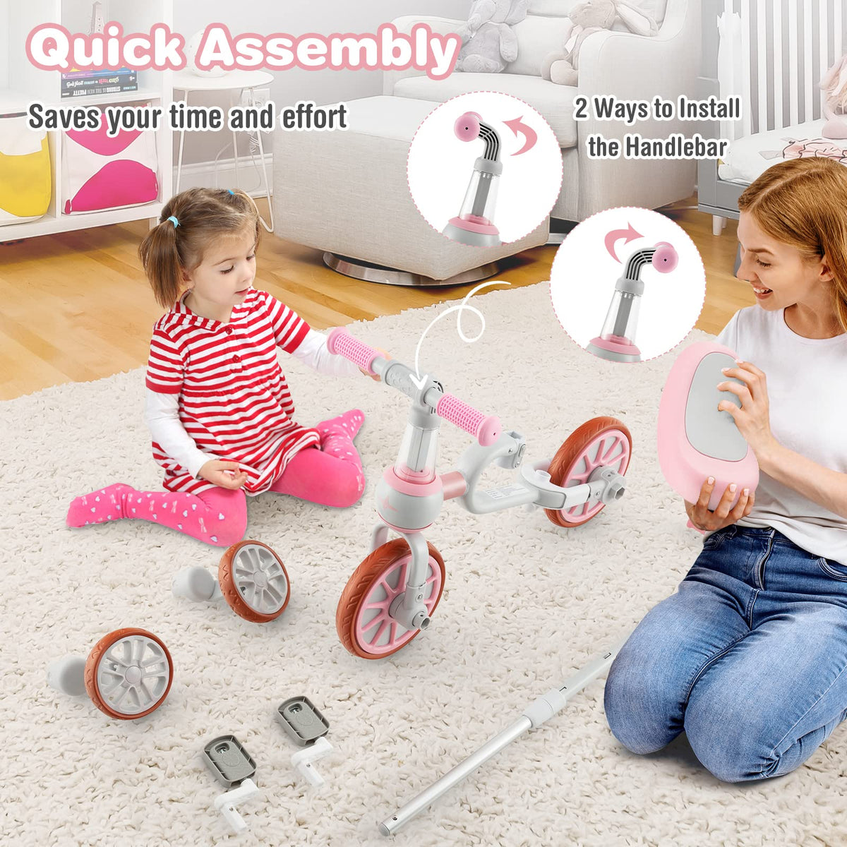 4 in 1 Tricycle with Adjustable Seat & Push Handle, Removable Pedals & Training Wheels, Pink E540