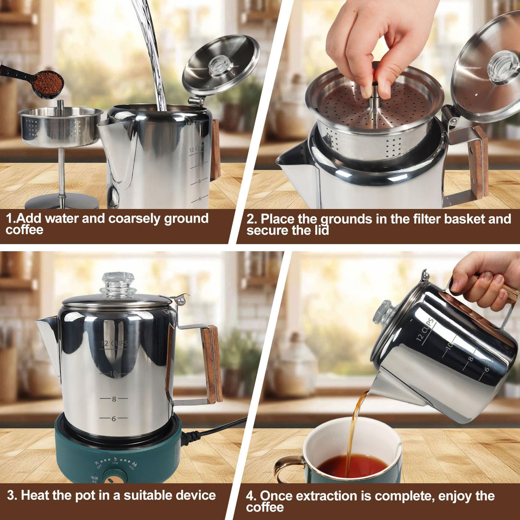 12 Cup Stainless Steel Stovetop Percolator Coffee Pot 2200ml E992