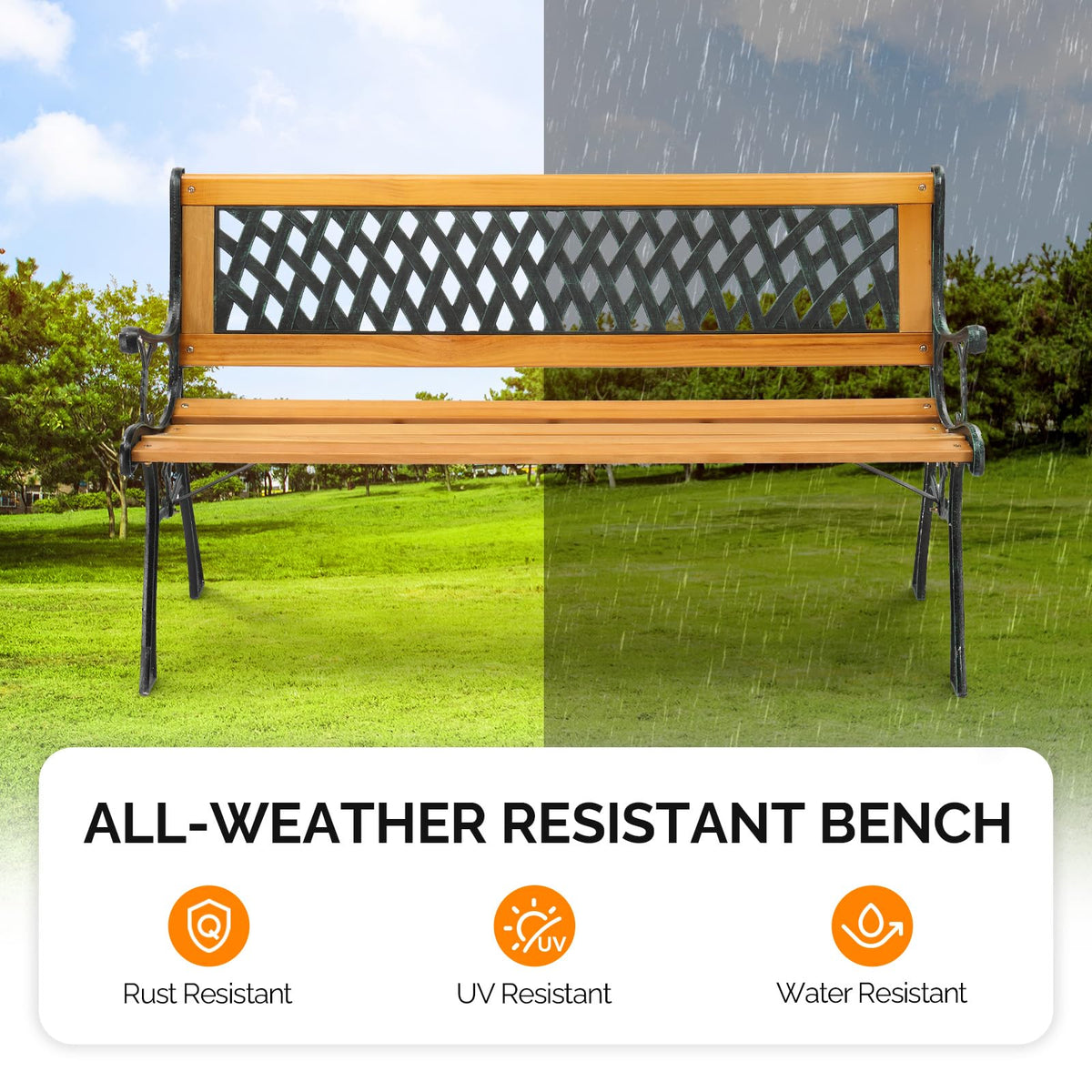 Weather Resistant Cast Iron Teak Wood 3-Person Outdoor Bench G164126