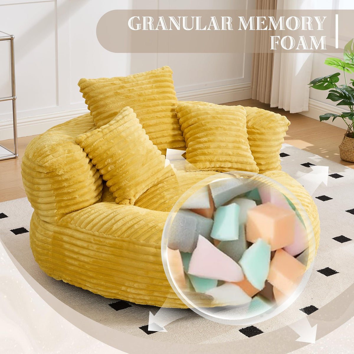 Yellow Corduroy Bean Bag Sofa with 3 Pillows V346842