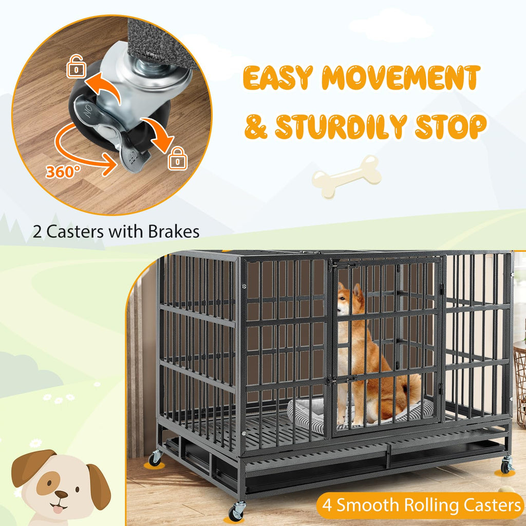 48 Inch Heavy-Duty Metal Dog Crate with Lockable Wheels A7309