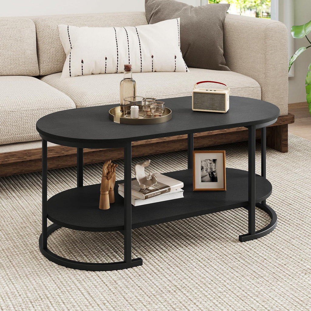 Black 2-Tier Oval Wood Coffee Table with Storage I547971