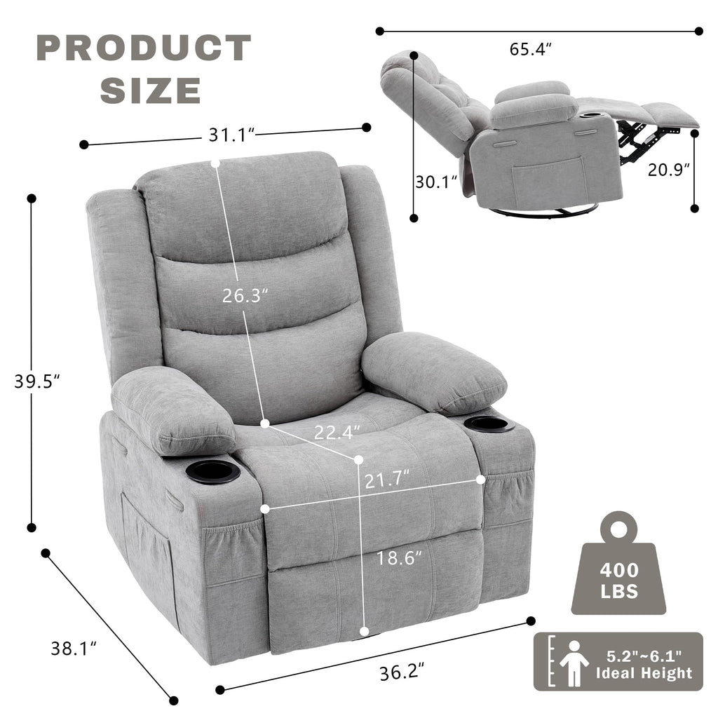 Grey Chenille Swivel Rocker Recliner Chair V1476
