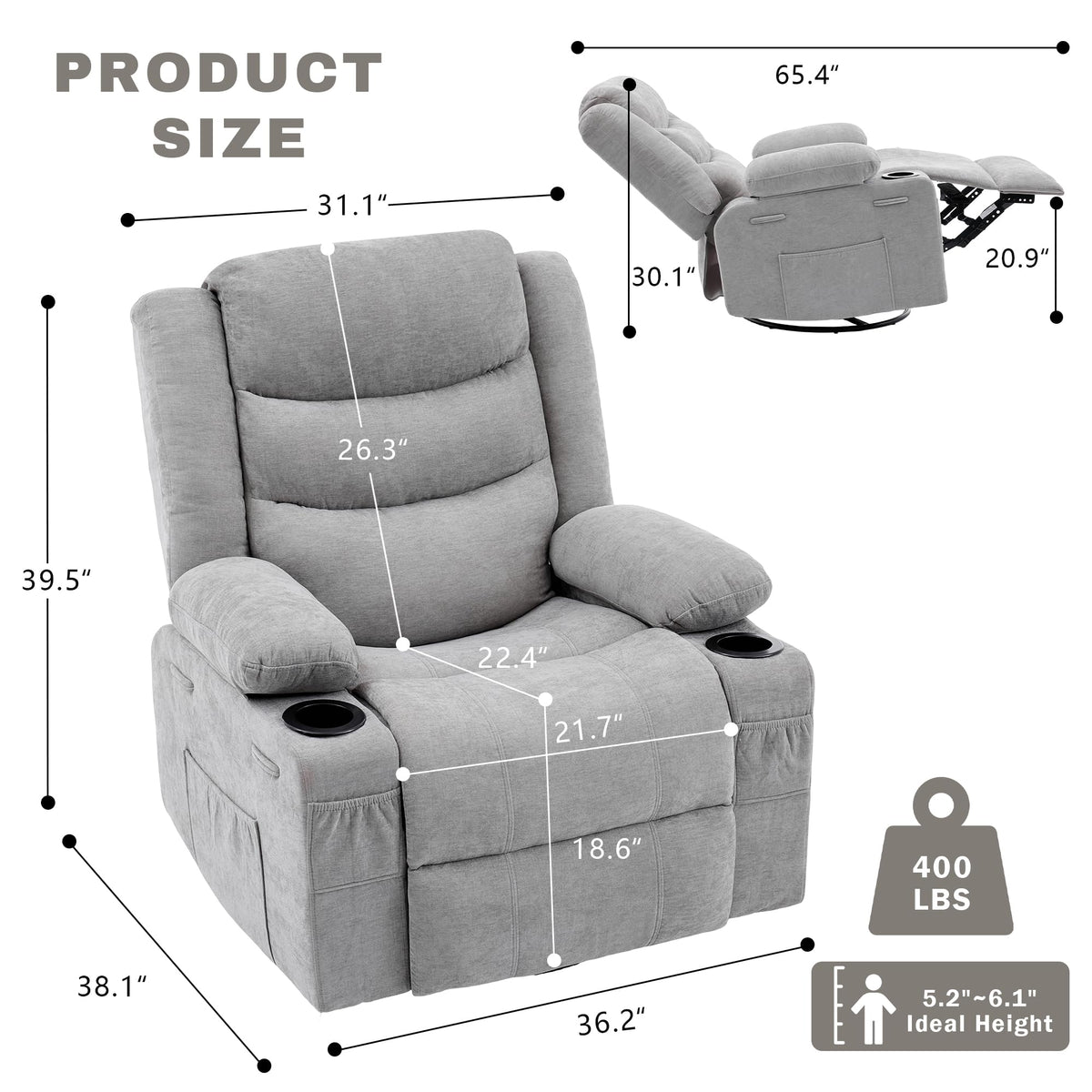 Grey Chenille Swivel Rocker Recliner Chair V1476