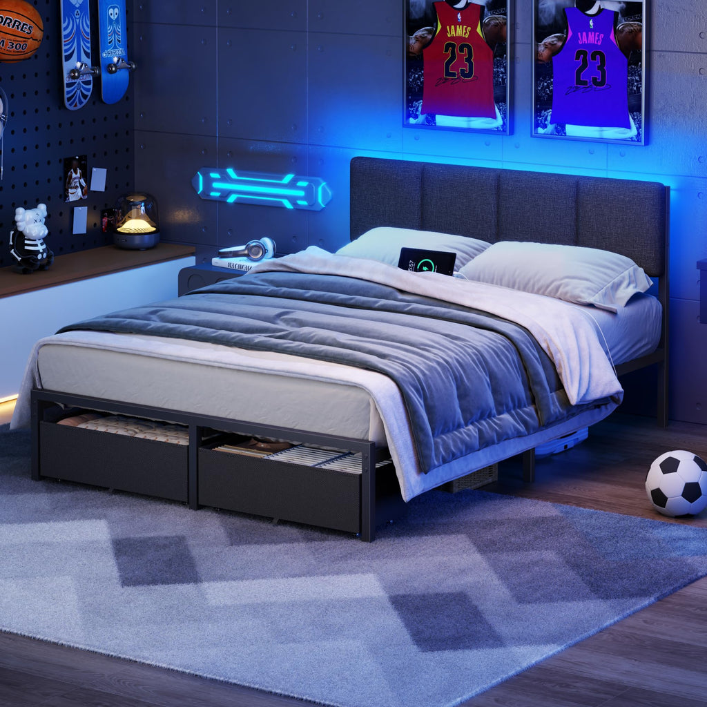 Full Size Bed Frame with Upholstered Headboard & 2 Storage Drawers Q201090