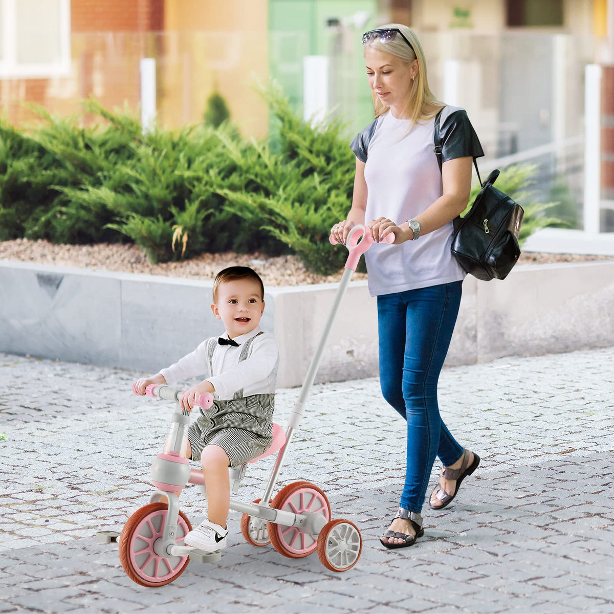 4 in 1 Tricycle with Adjustable Seat & Push Handle, Removable Pedals & Training Wheels, Pink E540