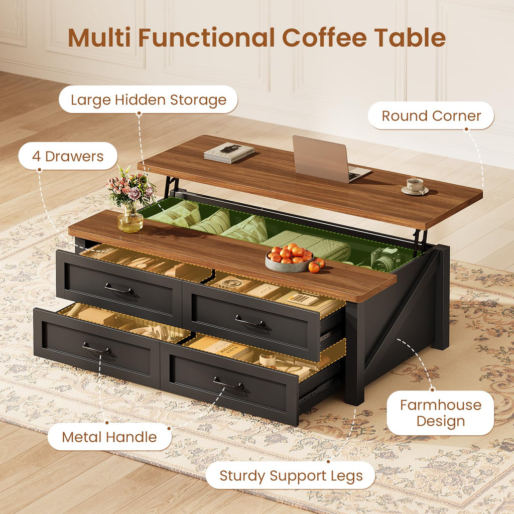 47.2" Lift Top Coffee Table with Storage, 4 Wood Drawers N86149
