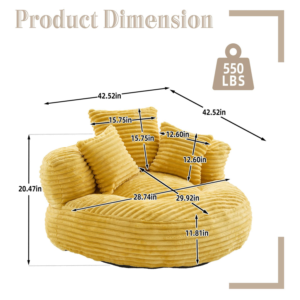 Yellow Corduroy Bean Bag Sofa with 3 Pillows V346842