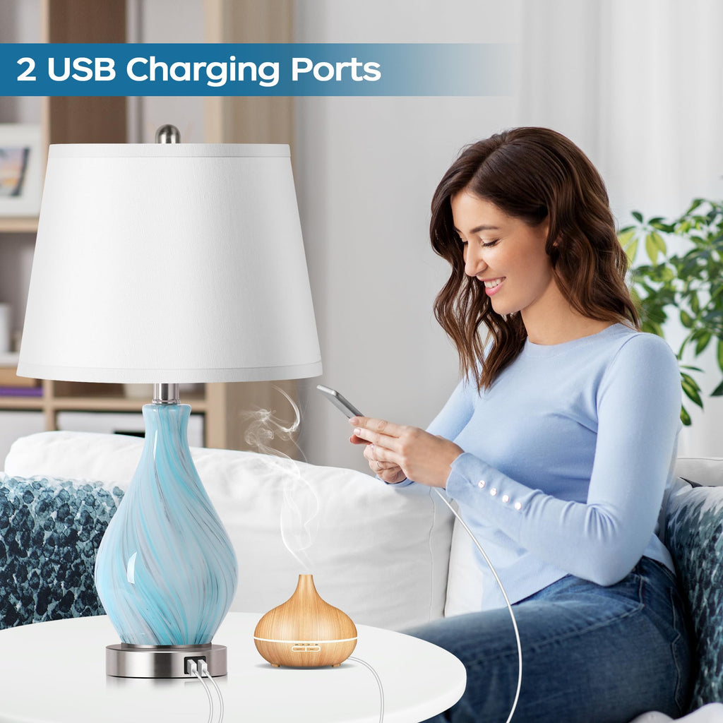 Set of 2 Touch Control Art Glass Table Lamp with USB Ports X764