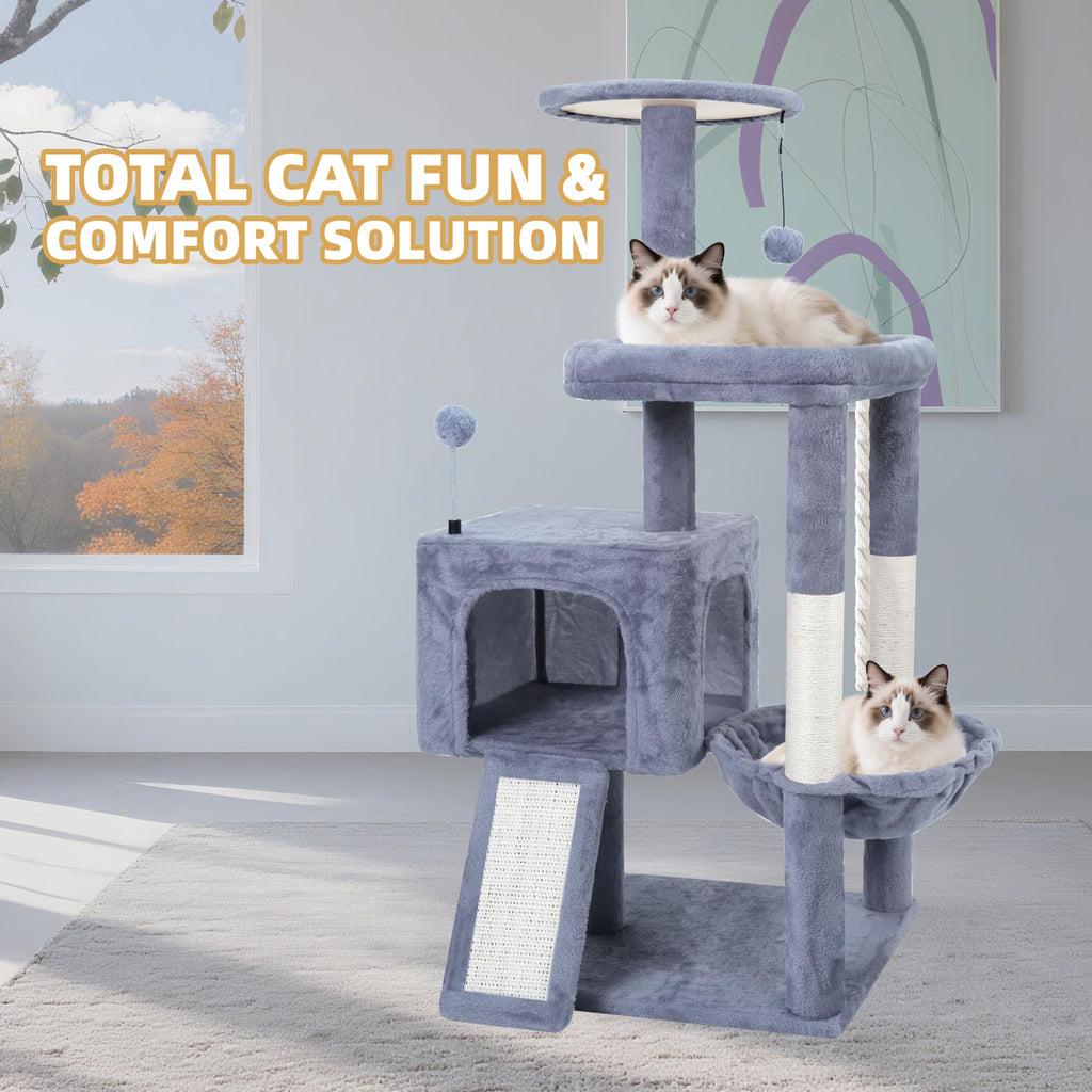 37.5" Cat Tree Tower with Scratching Board Hammock Grey B7650