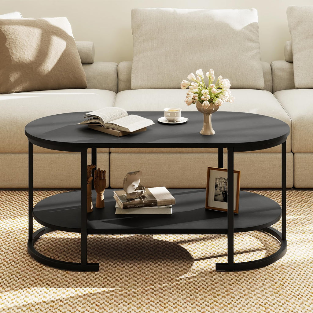 Black 2-Tier Oval Wood Coffee Table with Storage I547971