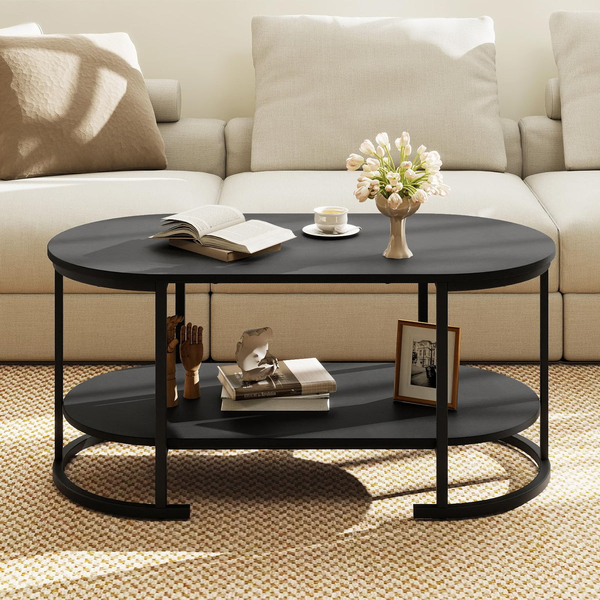 Black 2-Tier Oval Wood Coffee Table with Storage I547971