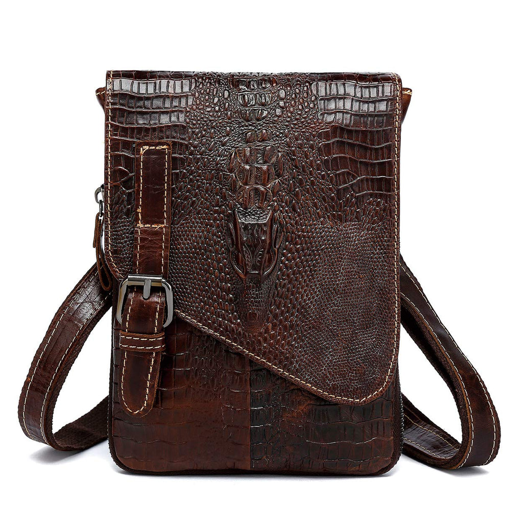 Brown Crocodile Embossed Genuine Leather Mini Messenger Bag K458835