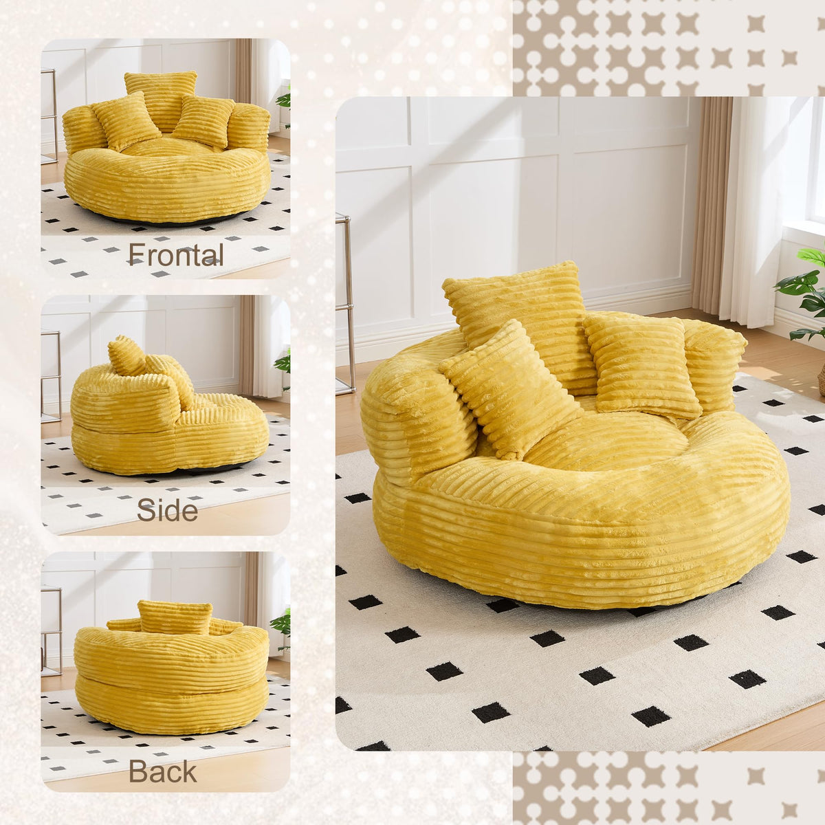 Yellow Corduroy Bean Bag Sofa with 3 Pillows V346842